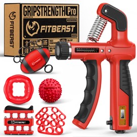 FitBeast Grip Strength Trainer, Hand Gripper Strengthener Kit - 6 Pack with Adjustable Resistance Forearm Strengthener, Forearm Exerciser and Massage Balls for Hand Therapy, Grip Training (Red)