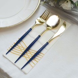 Tableclothsfactory 24 Pack | 8" Gold Heavy Duty Plastic Cutlery Set | Royal Blue Handle Plastic Silverware