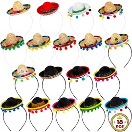 Melisheer 18 Pieces Sombrero Hats, Universal Cinco De Mayo Themed Costume Headwear, Fiesta Headbands with Ball Fringe and Fabric Trim, for Mexican Theme Carnivals Festivals Party Favors