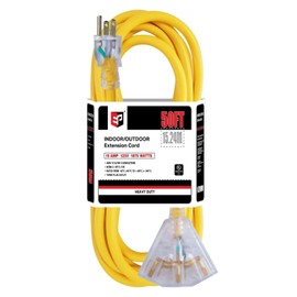 EP 50 Ft 12 Gauge Heavy Duty Extension Cord, 15A 125V 1875W, 3 Outlet Indoor/Outdoor Power Cord with Lighted End, 12/3 SJTW Weatherproof Yellow, UL Listed