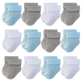 RATIVE Infant Baby Socks Thick Terry Turn Cuff Socks for Unisex Baby Boys and Girls (6-12 Months, 4white+4grey+4blue)
