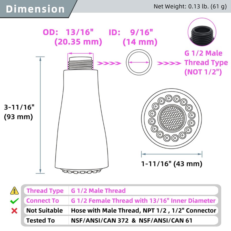 Angle Simple Kitchen Faucet Head Replacement, G 1/2 or 13/16