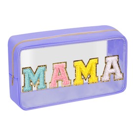 Iqimott Preppy Patch Clear Makeup Stuff Bag, Women Chenille Letter Cosmetic Bag for Travel, Mama-Purple