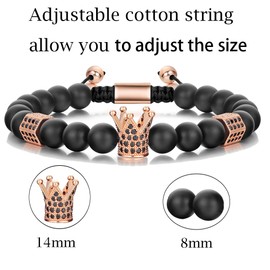 SEVENSTONE 8mm Crown King Charm Bracelet for Men Women Black Matte Onyx Stone Beads, 7.5" (Rose Gold)