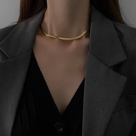 Sttiafay Gold Snake Chain Choker Necklace Short Herringbone Flat Chain Necklace Chunky Chain Jewellery for Women and Me, Gold