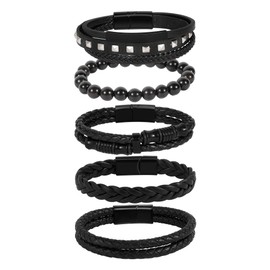 Manfnee 6pcs Braided Leather Bracelet for Men Women Wooden Beads Cuff Wrap Bracelet Adjustable, Faux Leather, No gemstone