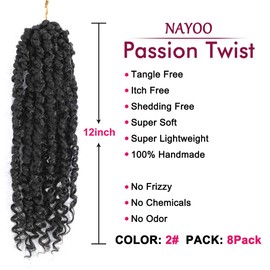 Passion Twist Hair - 8 Packs 12 Inch Passion Twist Crochet Hair For Women, Crochet Pretwisted Curly Hair Passion Twists Synthetic Braiding Hair Extensions (12 Inch 8 Packs, 2)