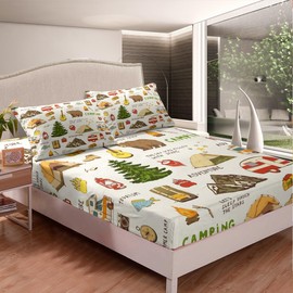 Adventure and Camping Fitted Sheet Full Size,Cute Bear Bedding Set 3Pcs for Kids Girls Boys Adult Room Decor,Cartoon Mountain Pine Tree Tent Print Bed Sheet Camper Deep Pocket Sheet,2 Pillowcases