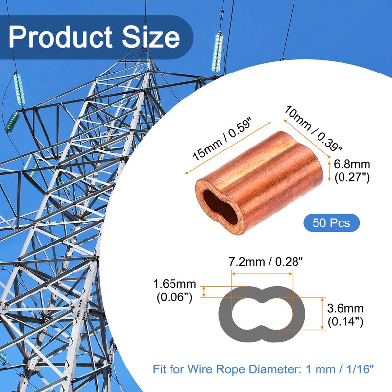 sourcing map Copper Duplex Oval Crimping Sleeve 1/8"(3mm) Cable Ferrule