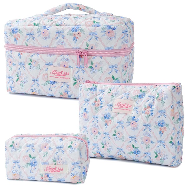 Denovin 3-Piece Quilted Makeup Bag, Large Cute Coquette Makeup Bag