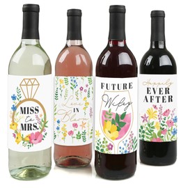 Big Dot of Happiness Wildflowers Bride - Boho Floral Bridal Shower and Wedding Party Decorations for Women and Men - Wine Bottle Label Stickers - Set of 4