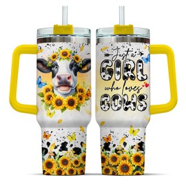 99WHALE Handle Yellow Modern Simple Cows Glitter Print Cups Butterfly Cup Stainless Swig For Women Heart, Tumbler 40 Oz With Handle Lid And Straw, Dairy Cow Sunflower, Cow Gifts
