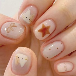 BQZQPAMZ 30Pcs Kitten Short Round Fake Nails Creamy White Press on Nails Rounded Bow Star Gloss Stick on Nails Full Coverage Acrylic Nails for Women DIY Cute Nail Decoration Supplies