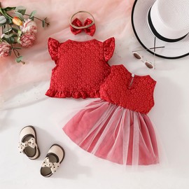 HEOXIN Baby Girls' Mesh Dress Cardigan 2 Pieces Outfits Set, Sleeveless Bow Princess Tutu Dresses and Ruffle Sleeves Flower Printed Coat Party Birthday Gift for 6 Months - 3 Years, Red, red, Ages 2