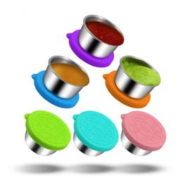 Pack of 6 Salad Dressing Container To Go: Small Condiment Containers with Lids, Reusable Stainless Steel Sauce Cups, Leakproof Silicone Lids for Bento Box, Picnic and Travel (Multi Color - 1.69oz)