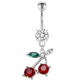 FLOGWE 14G Stainless Steel CZ Crystal Dangling Cherry Belly Button Ring for Women