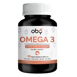 OBY Omega 3, 120 softgels de 1300 mg. Aceite Salmon Salvaje Puro Alta concentracion: Omega 3 1000 mg + DHA y EPA. Sin sabor y sin Olor