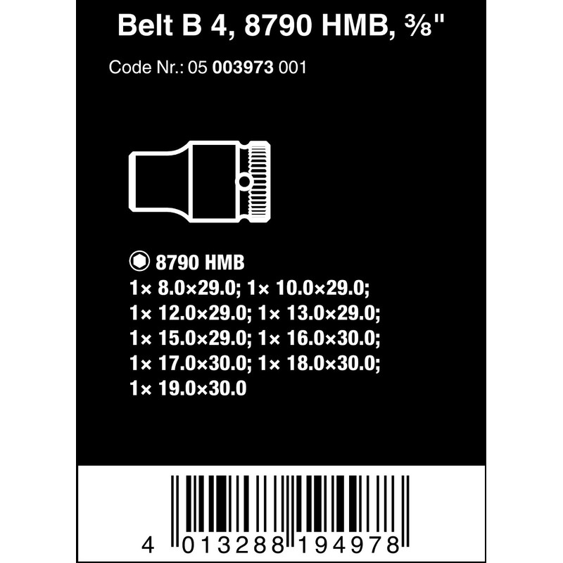 Wera 05003973001 Socket Belt Set, Zyklop B 4 3/8-inch Insert,
