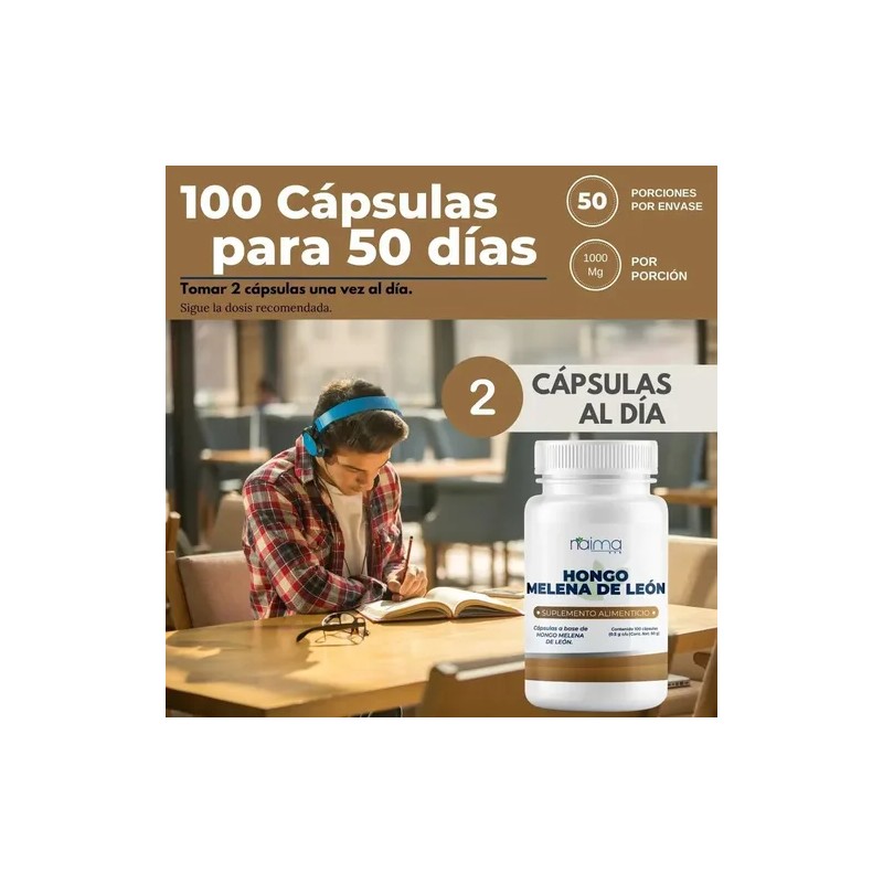 Hongo Melena de León Naima 100 Cápsulas Memoria Concentración y