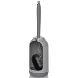 HAMITOR Toilet Bowl Brush Holder Set: Bathroom Deep Cleaning Toilet Cleaner Scrubber Under Rim with Curved Bristle for Dead Corner Clean - Hidden Rv Toilet Decorative Accessories with Caddy- Gray