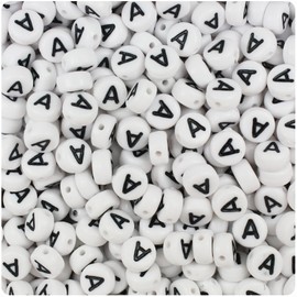 BeadTin White Opaque 7mm Coin Plastic Alphabet Beads - Black Letter A (100pcs)