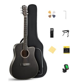 Donner 41-Inch Acoustic Electric Guitar Kit for Beginners, Full Size with Capo, Picks, Tuner, Strings, Strap - Black