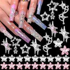 RODAKY 30PCS Star Nail Charms 3D Silver Nail Art Jewelry Pink Star Nail Rhinestones Gems Y2K Style Nail Decoration for Manicure DIY Nail Accessories for Women and Girls