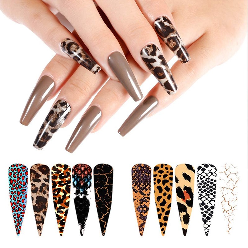 KZBTRBT Leopard Nail Foils, 10pcs Holographic Animal Design Stickers, Acrylic