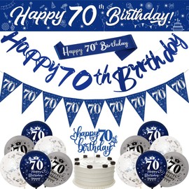 Yontree Happy 70th Birthday Decorations for Men,Navy Blue Silver 70th Birthday Banners,70th Birthday Party Decorations,Birthday 9ft Banner Bunting Sash Confetti Latex Balloons Cake Toppers Triangle Flags