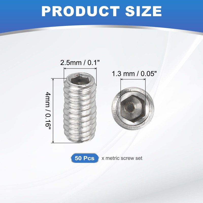 PATIKIL 50 Pcs Hex Socket Grub Screw, M2.5x4mm Flat Point