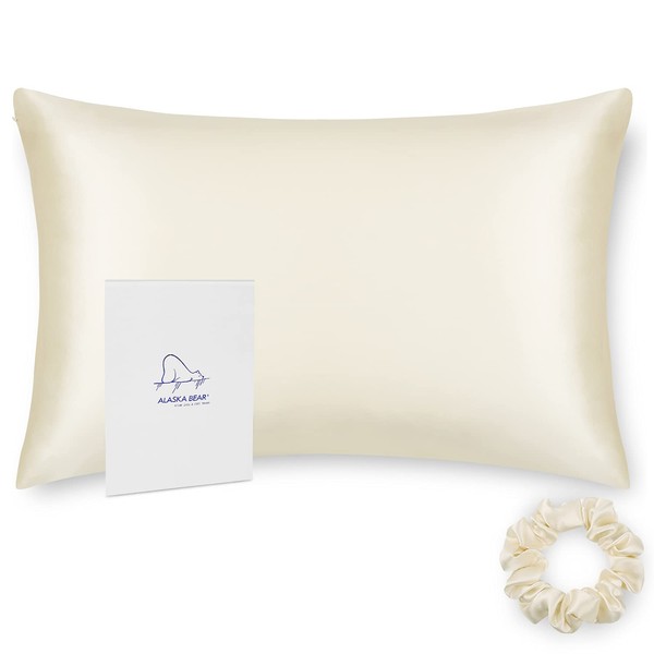 ALASKA BEAR - Funda de almohada de seda para el cabello y la piel, 100 % orgánica, juego de regalo de seda suave (1 unidad, crema)