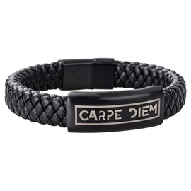 Hoof Men's Bracelet Real Leather Jewellery Black Braided Bangle with ‘Carpe Diem’ Engraving Elegant Box Gift Father's Day Christmas Friends Partner up to XXXL, Stainless Steel, Black