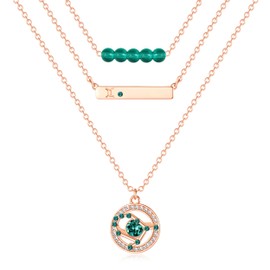 Leafael Dainty Layered Zodiac Necklaces, 18K Rose Gold Plated, Bead Bar Y Pendant Multilayer Necklace, Birthstone Crystals Horoscope, Layering Minimalist Jewelry Birthday Gifts for Women (Green)