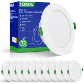 HOMEOW Set of 12 LED Recessed Spotlights, 230 V, 7 W, 700 Lumens, Flat LED Spotlights, Cool White, 6000 K LED Spotlight, Diameter 118 mm, Cut-Out 95-105 mm, IP44 Waterproof for Bathroom, Kitchen,