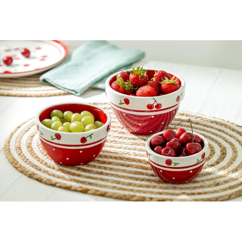 Gracie China Shop Red Cherry 3-Piece Hand Painted Mixing Bowl