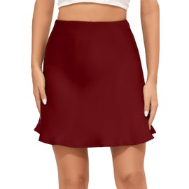 Mist Azur Women's Elegant Silky Satin Mini Skirt High Waist Ruffle Bias Cut Short Skirt Leopard Print Mini A Line Skirts for Women 7805 (Burgundy, M)