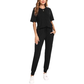 Irevial Women's Tracksuit Short Sleeve/Long Sleeve Cotton Two-Piece Tracksuit Set Crew Neck Jogging Suit Plain Sports Suit Leisure Suit 2-Piece Leisure Suit, A-Black