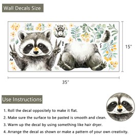 Yovkky Lovely Raccoon Wall Decals Stickers, Woodland Animals Flower Leaves Toddler Baby Nursery Decor, Forest Home Decorations Kids Bedroom Playing Room Classroom Art