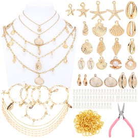 Liliaafar 107 Pcs Gold Jewelry Making Kit DIY Beach Shell Charm Necklace and Bracelet for Women Jewelry Making Accessories with Charm Pendants Jump Rings Lobster Clasps Pliers for Arts Craft Gift