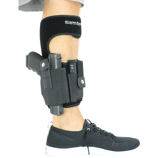ComfortTac Ankle Holster With Calf Strap and Spare Magazine Pouch For Concealed Carry - One Size Fits Most - Compatible w/ Glock 19, 26, 36, 42, 43, S&W Shield, Bodyguard 380, Ruger LCP, LC9, And More