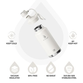 IDEUS Insulated Water Bottle with Straw 32 oz (950 ml), with 3 Leak-Proof Wide Mouth Lids Stainless Steel Water Bottles, Keeps Hot & Cold, Great for Hiking & Biking, White