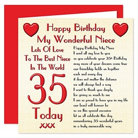 My Niece 35th Happy Birthday Card - Lots Of Love To The Best Niece In The World - 35 Today
