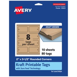Avery Printable Rectangle Rounded Corner Tags with Sure Feed Technology, 2" x 3-1/2", Kraft Brown Cardstock, Print-to-the-Edge, Laser/Inkjet, 80 Total, Great for Custom Gift Tags and Branding Tags