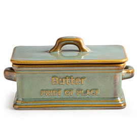 Butter Dish with Lid, Ceramic Butter Holder Container Large Butter Dish for Countertop Farmhouse Decor Butter Keeper for East West Coast Butter, Green