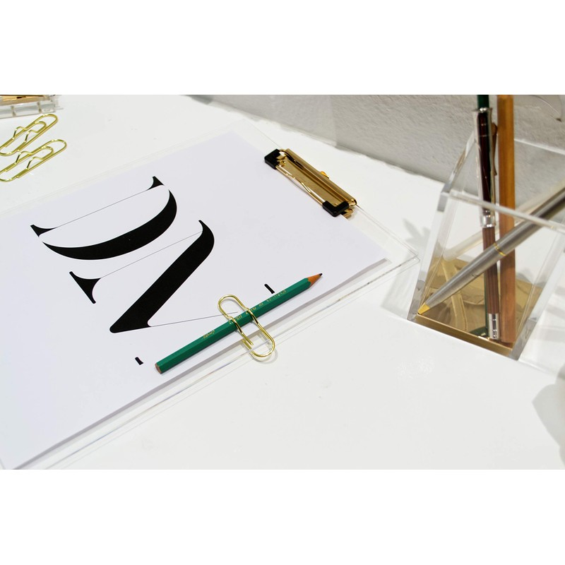 Dany Marcus Clear Acrylic Clipboard with Gold Metal Clamp, Rubberised