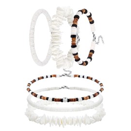 Kakonia 6 Pcs Sufer Puka Necklace and Bracelet for Men Women Surfer Hawaiian Sea Summer Beach Pooka Clam Chip Choker Necklace Bracelet Set