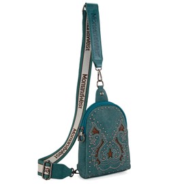 Montana West Cowhead Flora Western Sling Bag for Women Embroidery Cross Body Bag Fanny Pack with Wide Guitar Strap