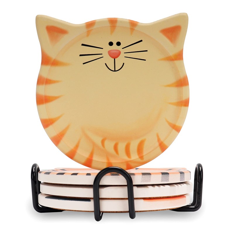 Drink Coasters with Holder, Absorbent Coaster Sets of 4, Cat