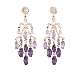 18K Gold Crystal Long Tassel Chandelier Earrings for Women, Cubic Zircon Crystal Drop Dangle Earrings, Vintage Style Drop Dangle Statement Earrings (Purple)