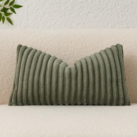 Kevin Textile Soft Plush 12x24 Inch Lumbar Pillow Cover 1 Pack, Luxury Fluffy Faux Fur Striped Flannel Rectangle Cushion Case for Couch Sofa Chair Bed Home Decor, Moss Green